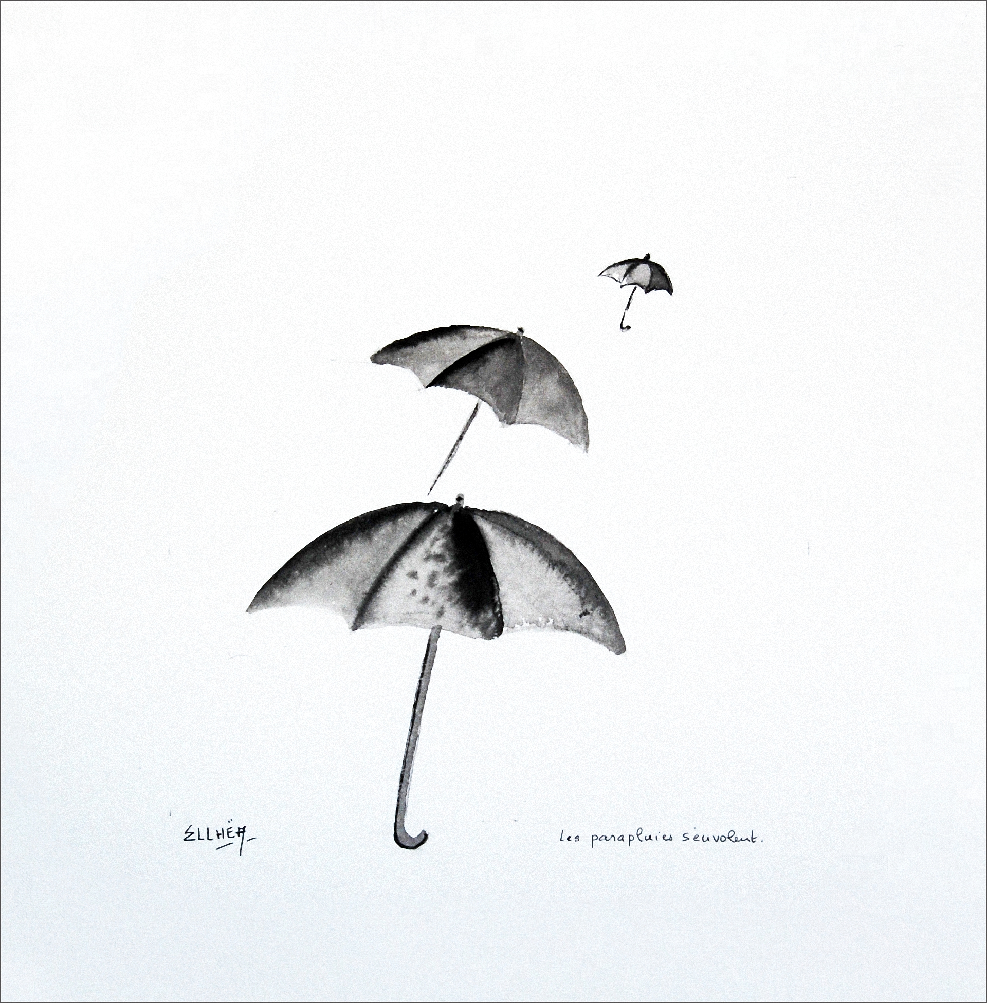 Les parapluies s\'envolent - dessin encre de chine