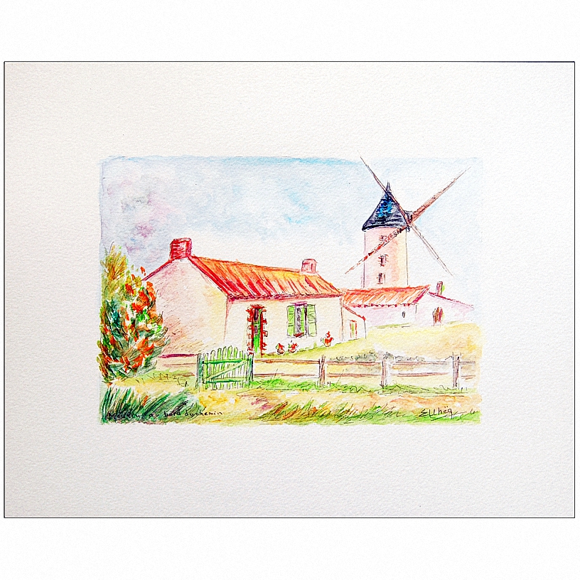 aquarelle moulin au bord du chemin  peintre ellhea c72