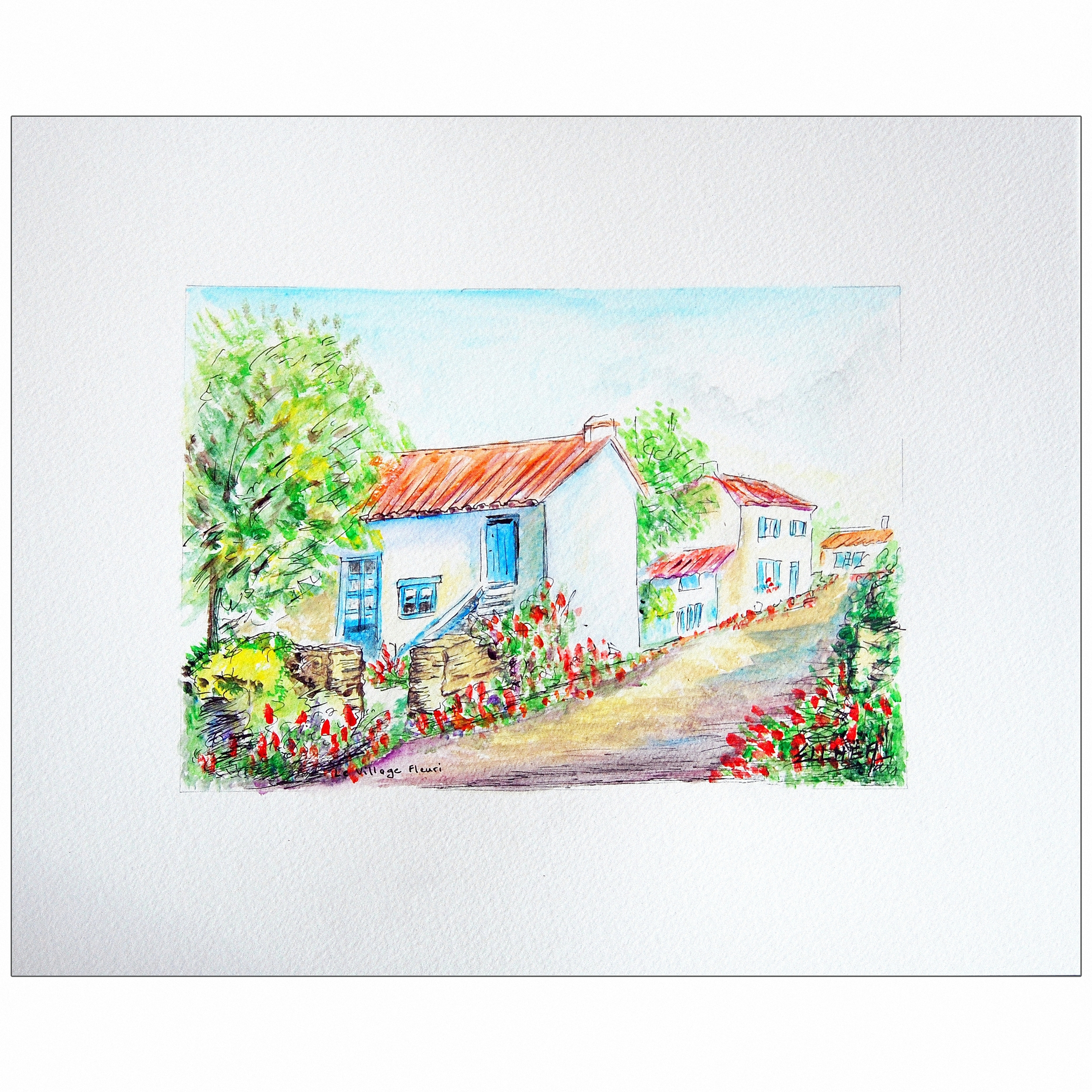 Aquarelle originale Village Fleuri