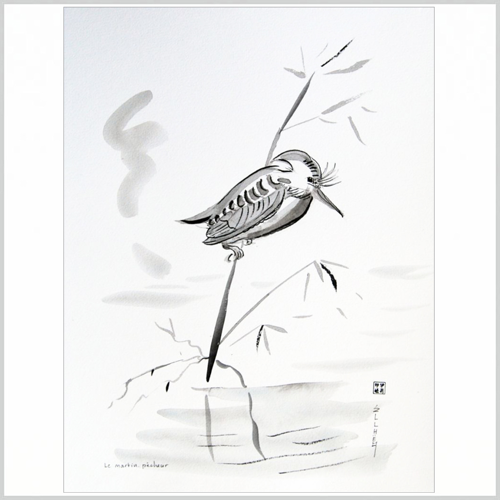 peinture a l encre de chine martin pecheur ellhea galerie art style deco