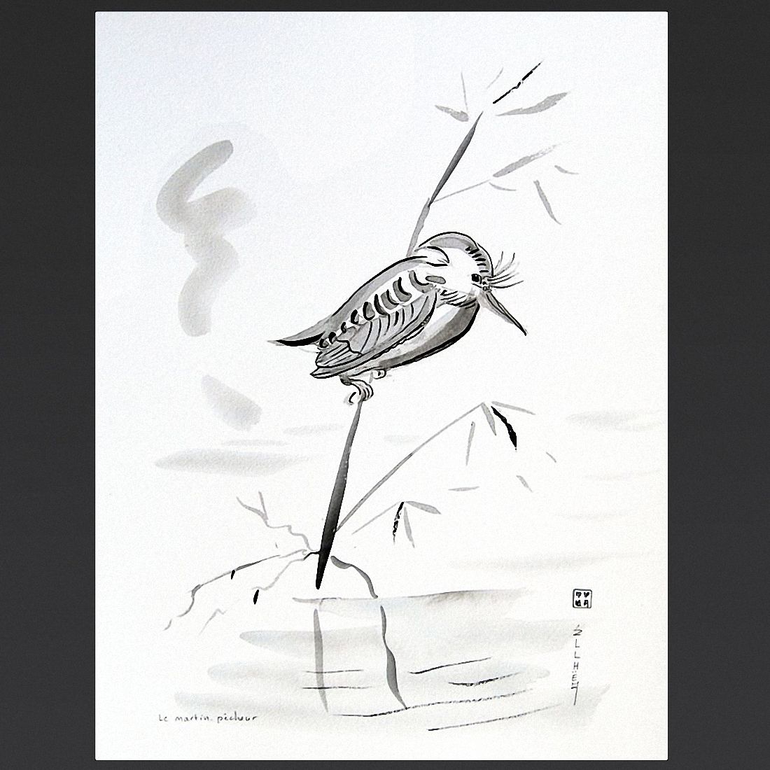 Peinture à l'encre noire sur papier Le Martin Pêcheur de l'artiste peintre Ellhëa - Galerie Art Style Déco