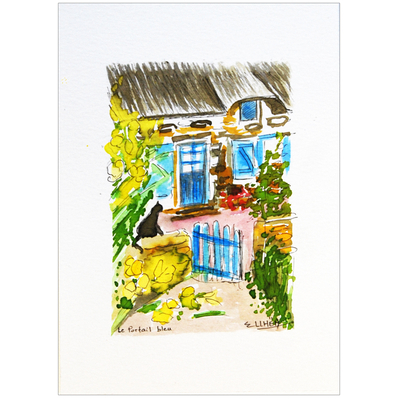 aquarelle chaumiere portail bleu ellhea2 copie