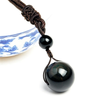 Collier pendentif boule sphère en pierre d’obsidienne noire arc en ciel