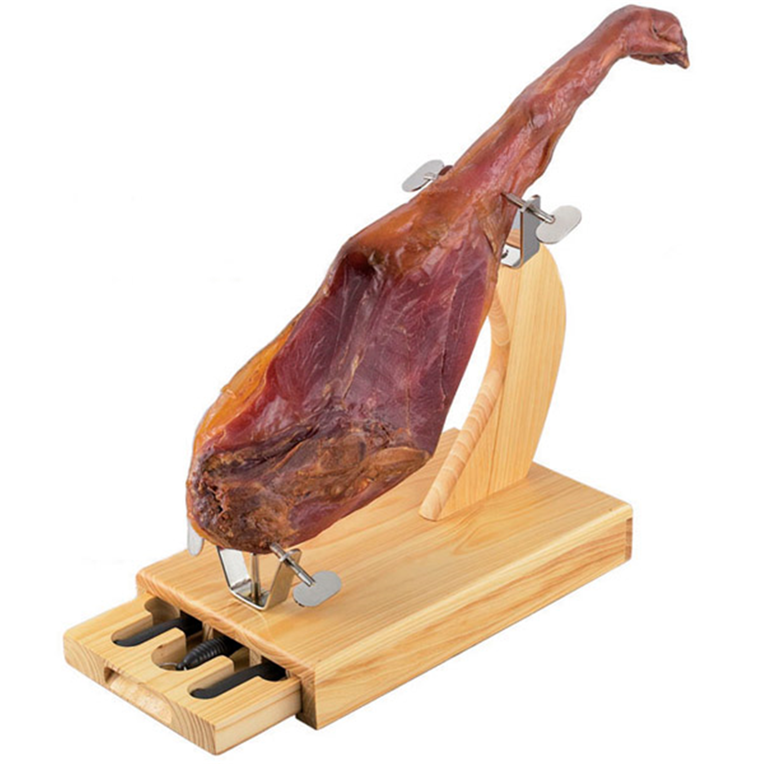 Porte jambon en pin massif avec tiroir et couteaux