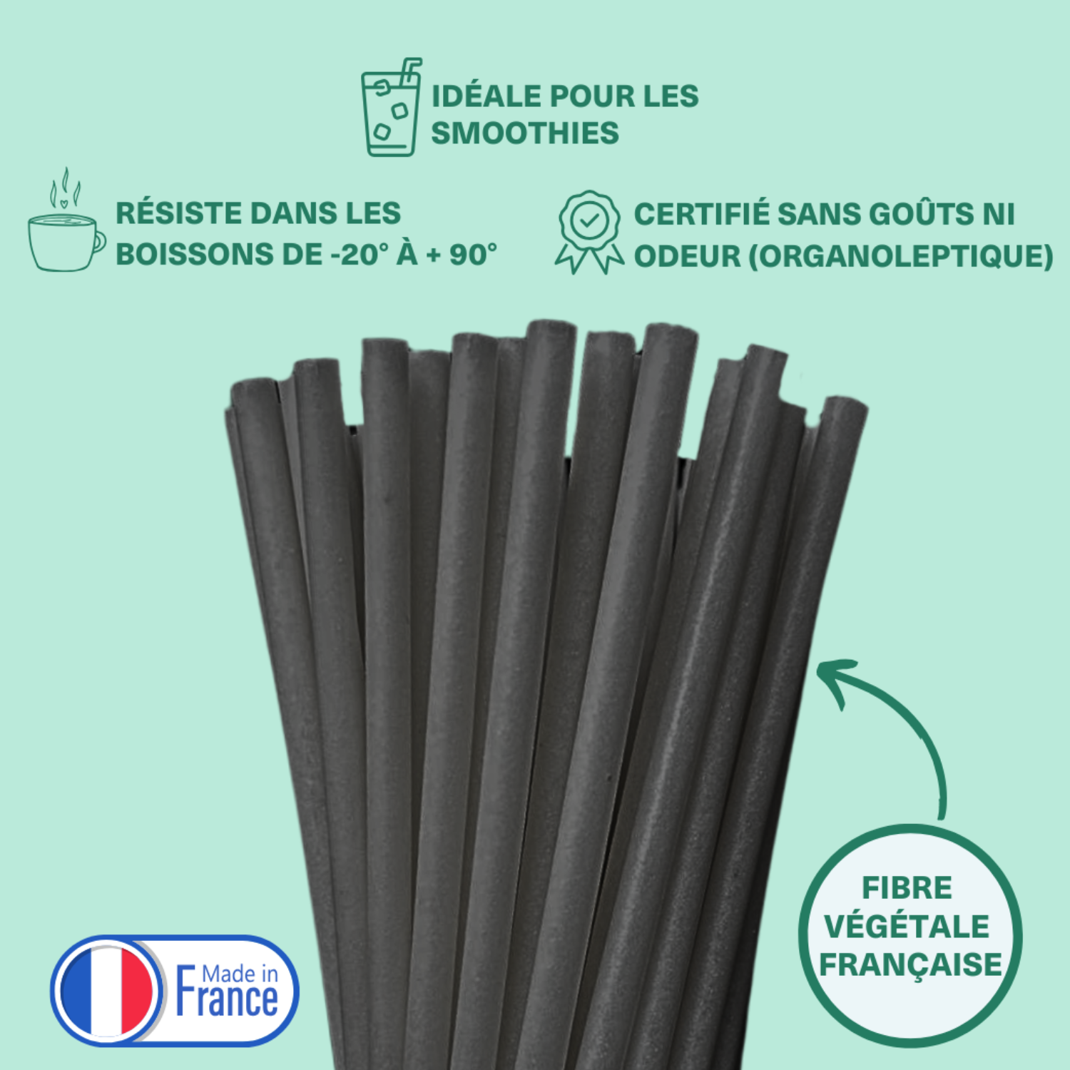 Paille compostable Large noir roche 200mm Ø8mm