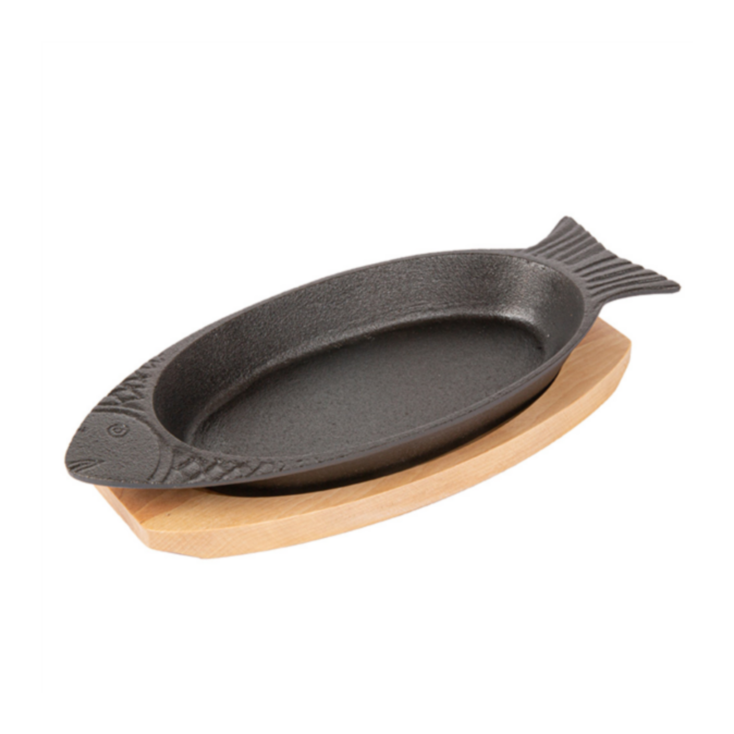 Assiette poisson en fonte 32 × 13 cm sur planche bois par 8