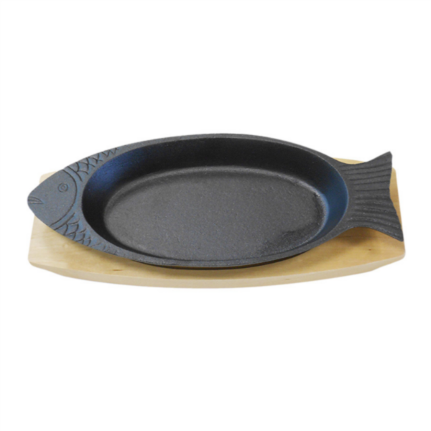 Grande assiette poisson en fonte 48 × 19,5 cm sur planche bois par 6