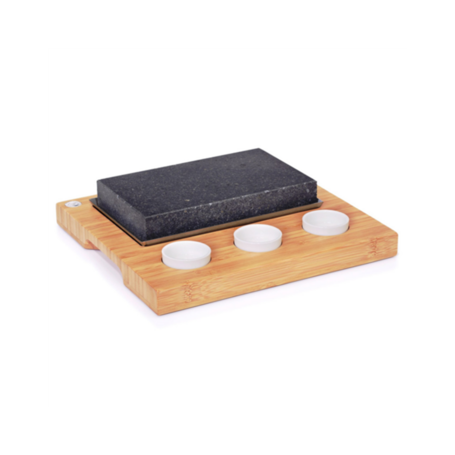 Pierre de cuisson en lave sur planche avec 3 ramequins par 4 - ProSaveurs