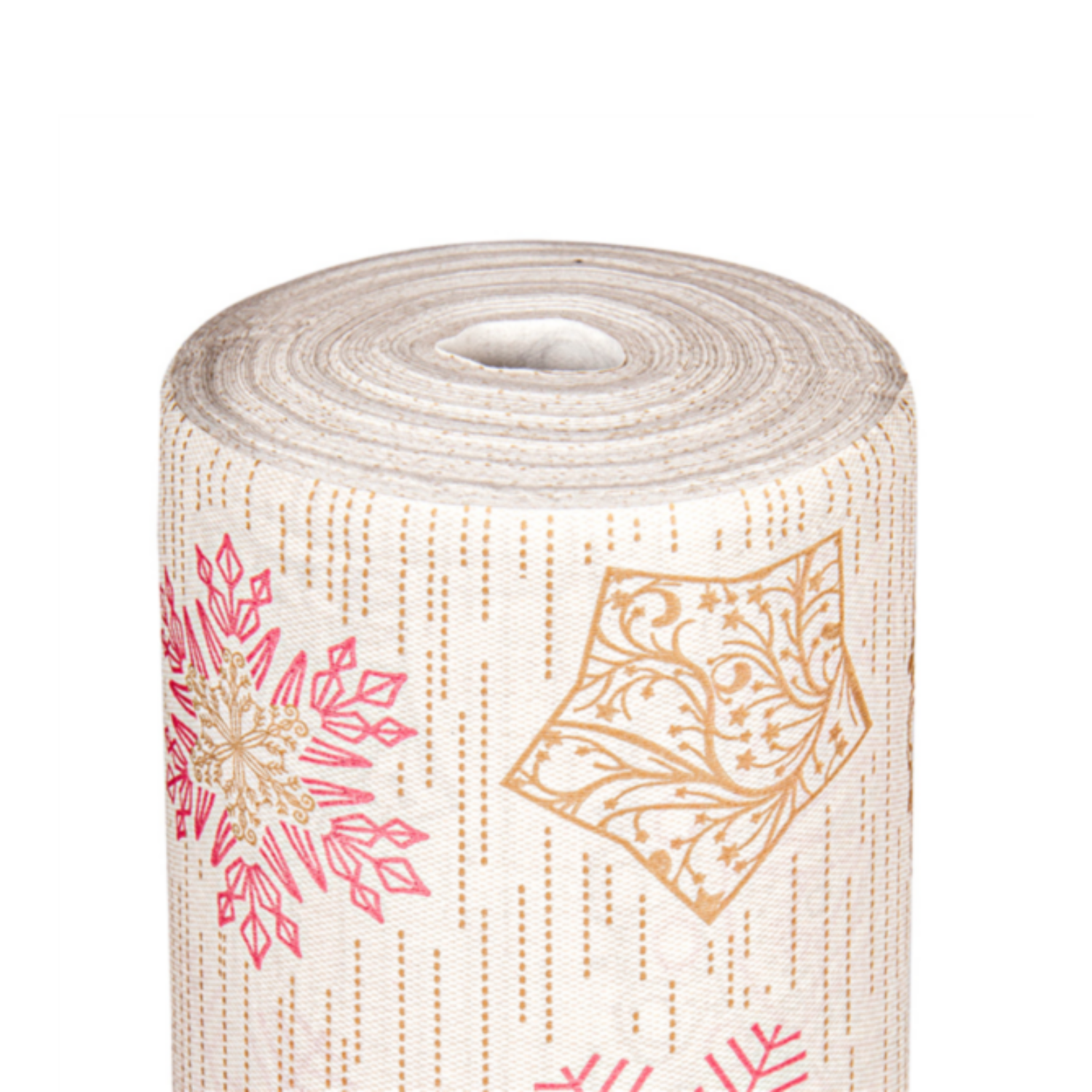Nappe de Noël effet tissu à flocons dorés et rouges, rouleau 1,20 x 25 m