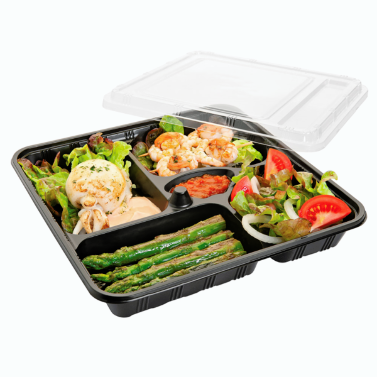 200 plateaux repas 5 compartiments en pp 27x27 cm plein prosaveurs