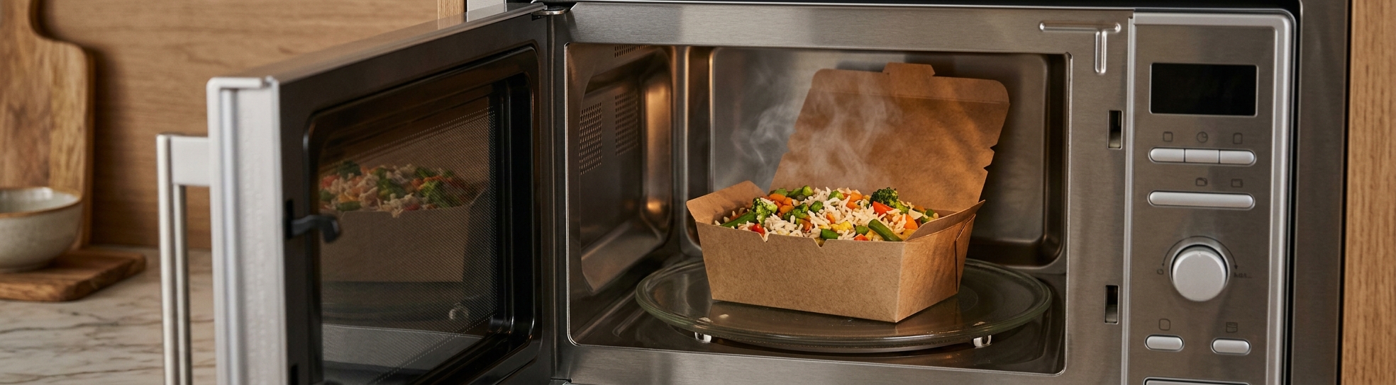 Boîte repas en carton kraft posée sur le plateau d'un four à micro-ondes ouvert, avec un plat chaud.