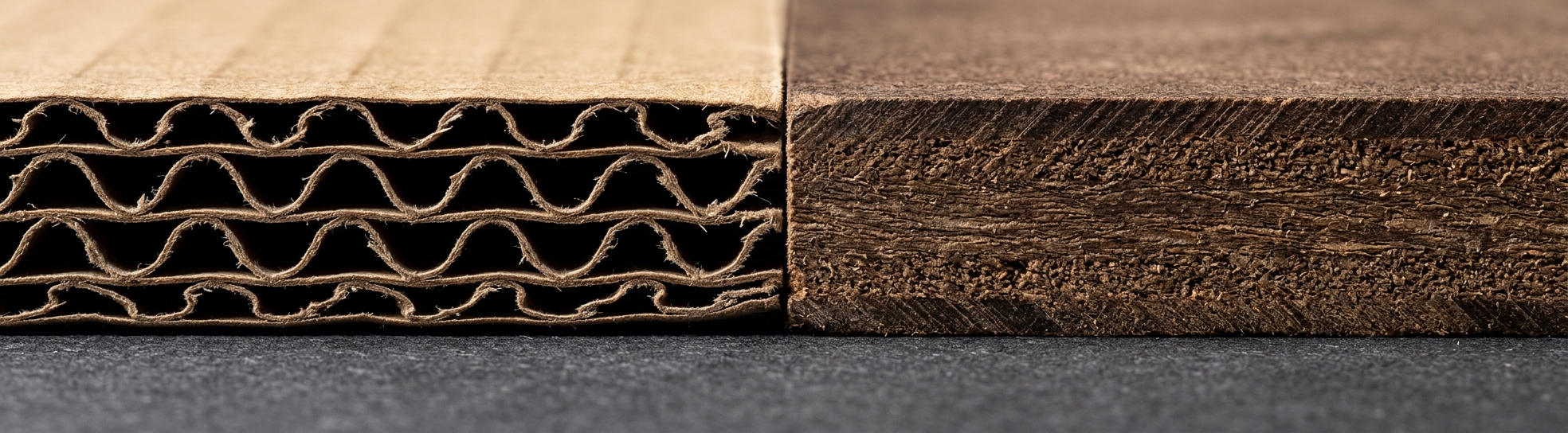 Comparaison en macro de la tranche d'un carton ondulé et de celle d'un carton compact
