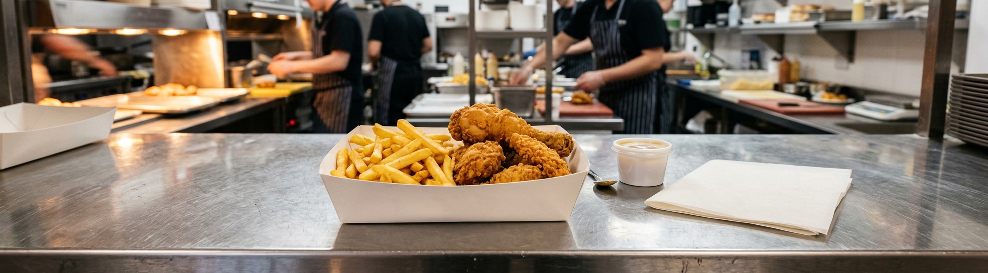 Barquette en carton ingraissable garnie de frites et de poulet frit, avec un pot à sauce séparé
