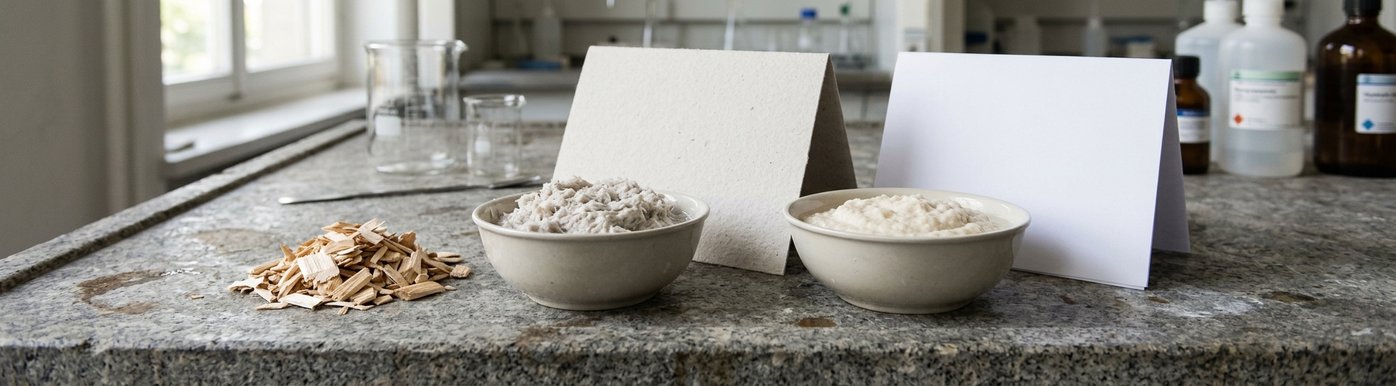 Copeaux de bois, pâte mécanique et pâte chimique à côté de deux cartons plats, l'un gris crème, l'autre blanc