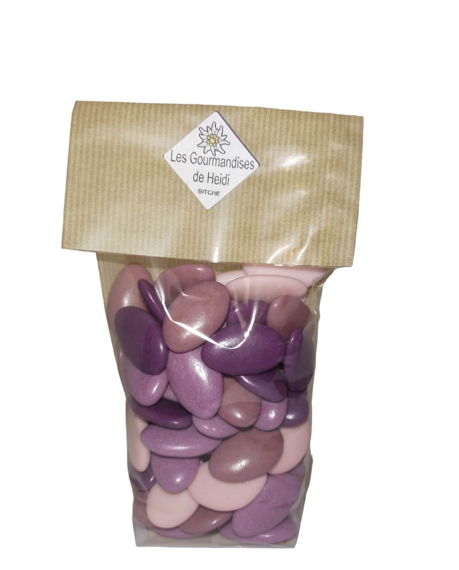 Dragées au chocolat 37% coloris mélange rose violet 250g.