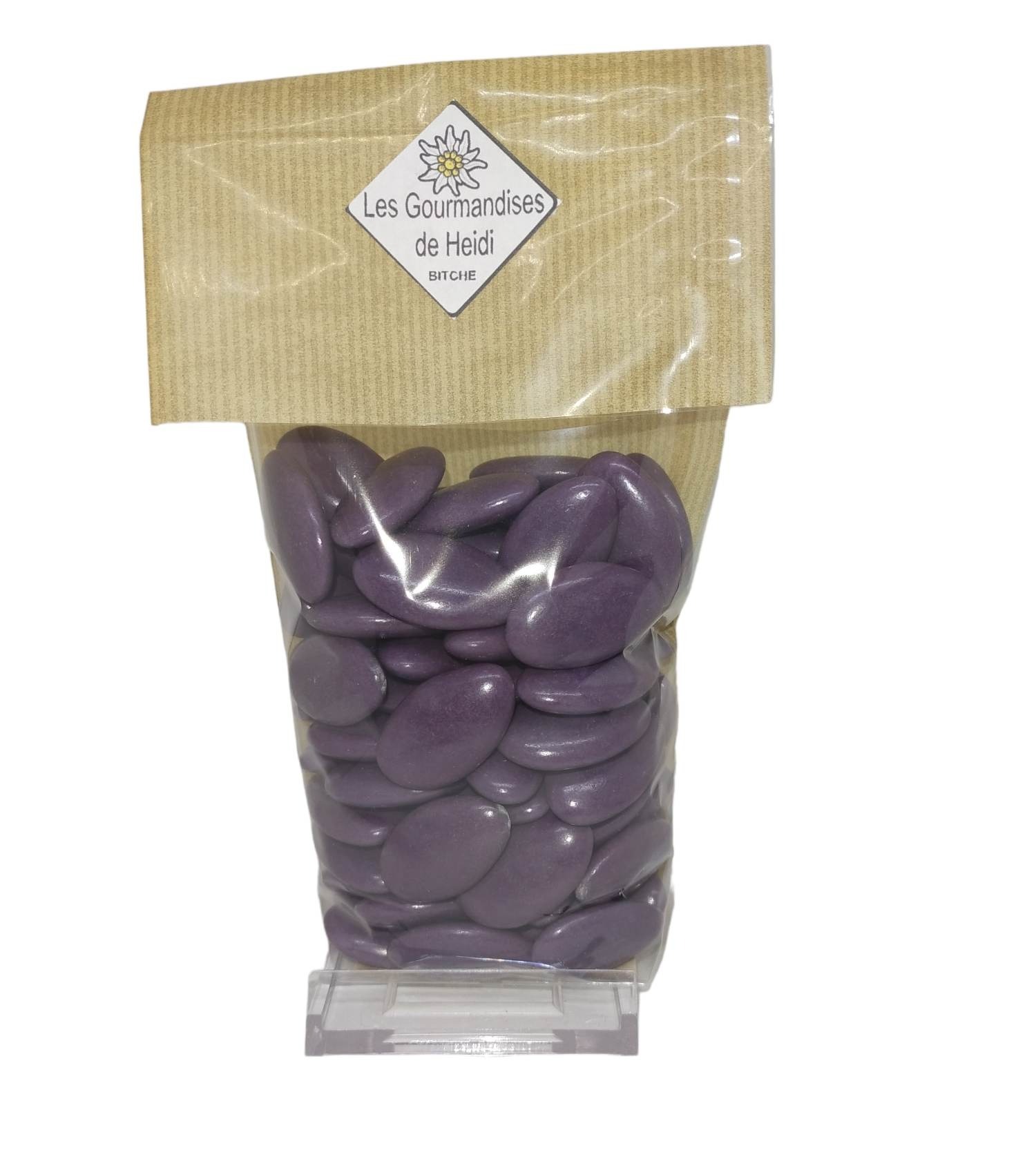 Dragées au chocolat 37% coloris violet foncé 250g.