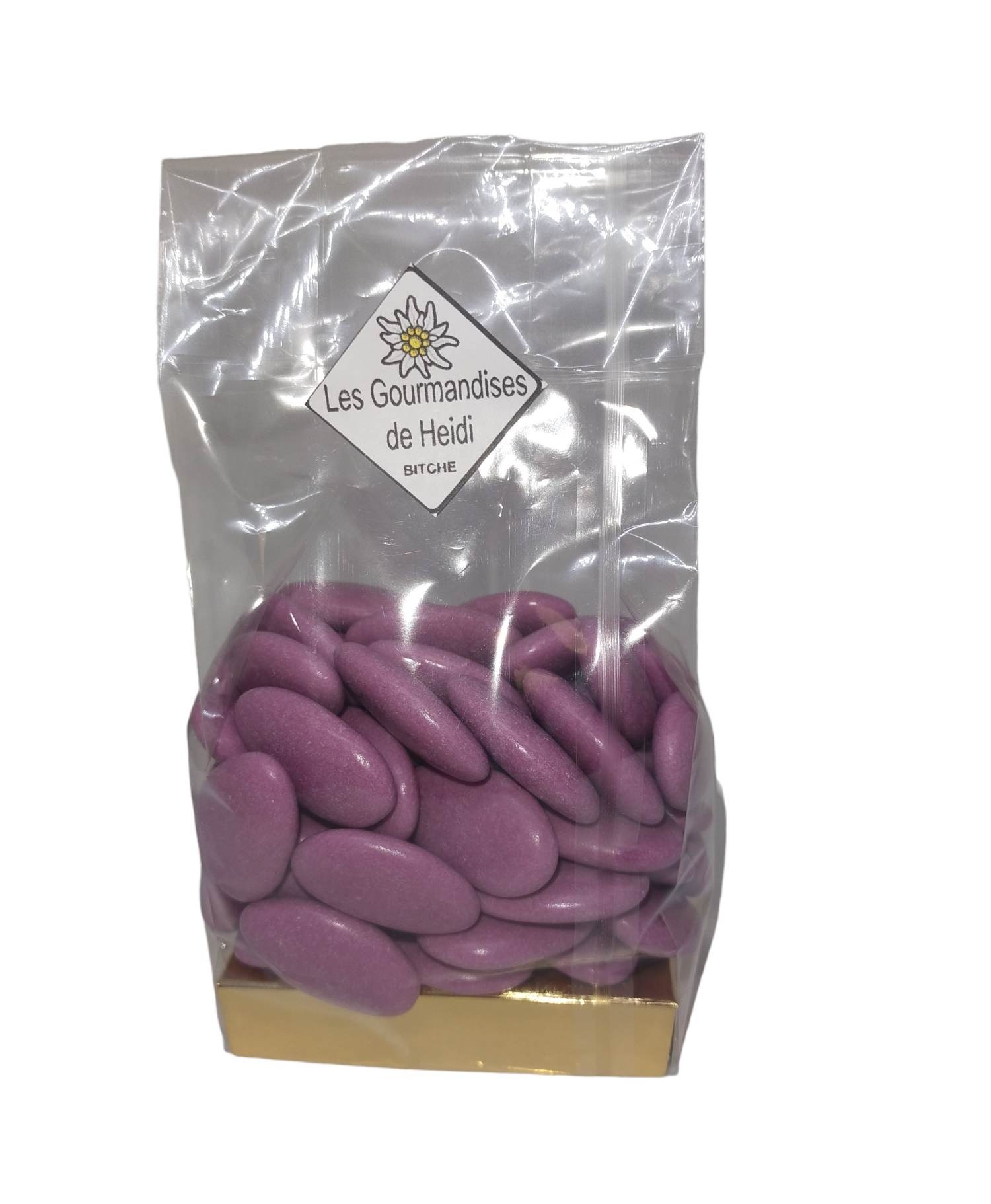 Dragées au chocolat 37% coloris mauve 250g.