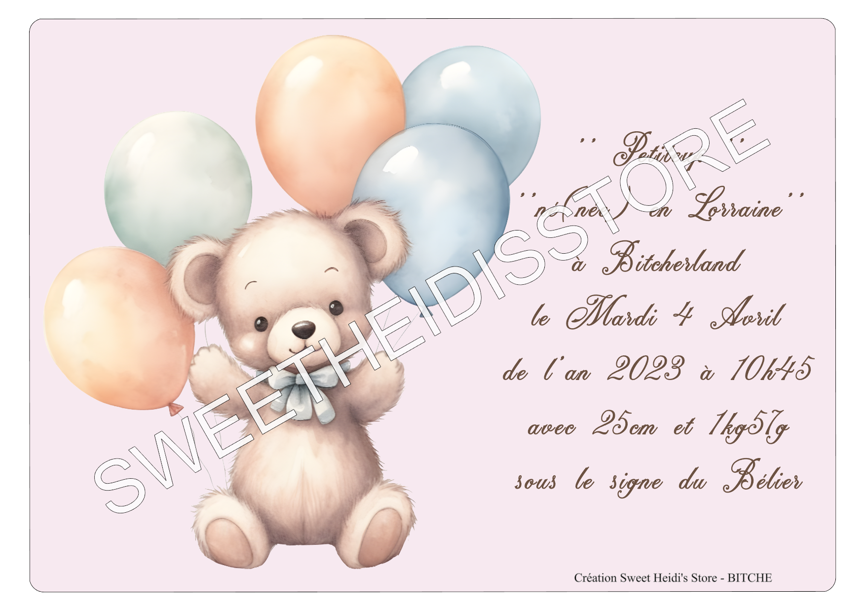 Plaque en métal personnalisée pour naissance modèle Ourson ballons