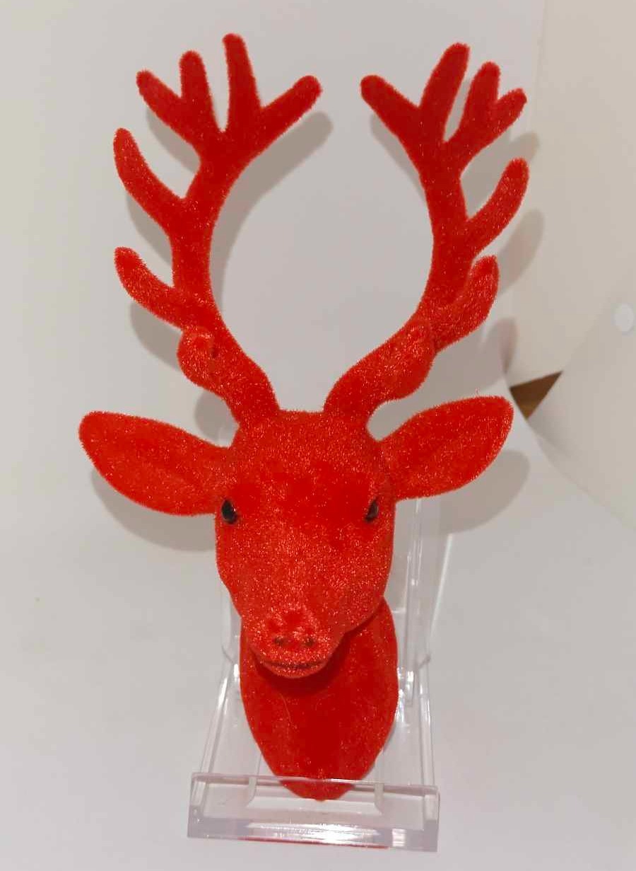 Déco tête de cerf floquée rouge 10cm x 20cm