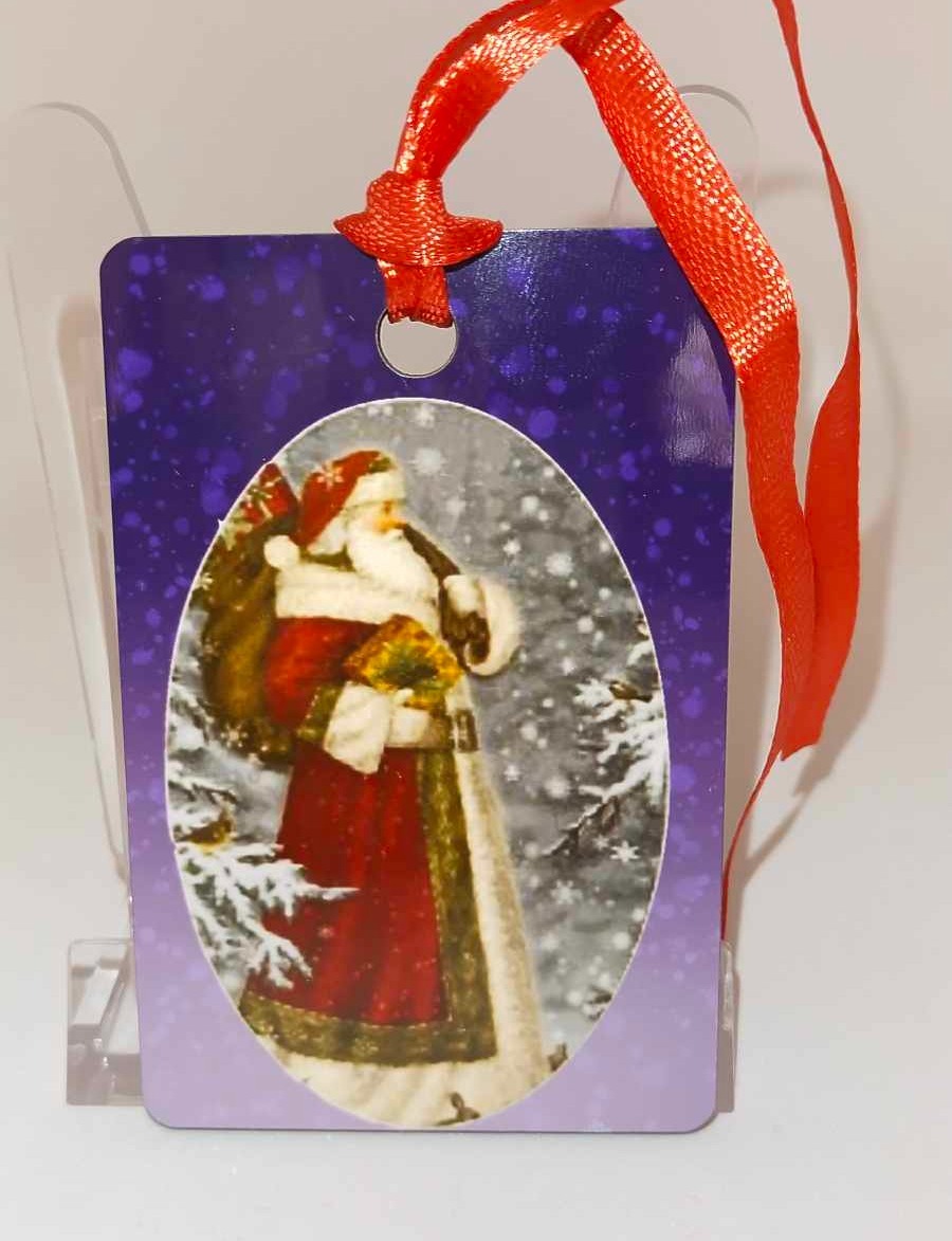 Décoration de sapin Rectangle motif Père Noël Vintage 5 en MDF réalisée artisanalement