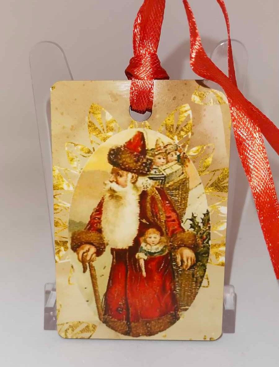 Décoration de sapin Rectangle motif Père Noël Vintage 14 en MDF réalisée artisanalement