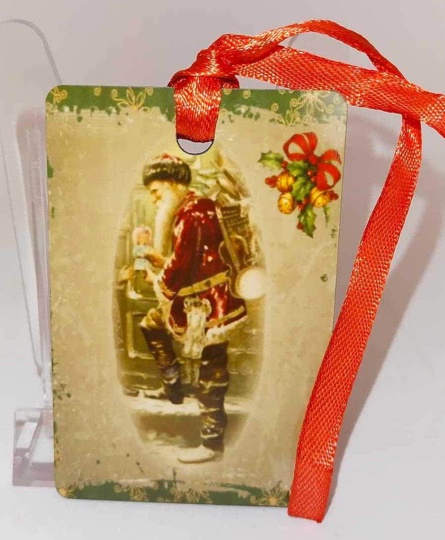 Décoration de sapin Rectangle motif Père Noël Vintage 20 en MDF réalisée artisanalement
