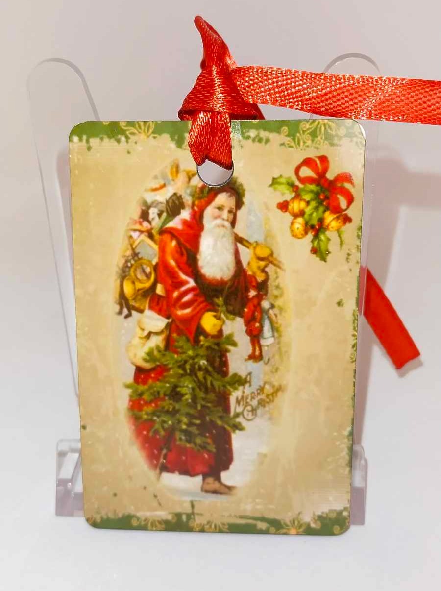 Décoration de sapin Rectangle motif Père Noël Vintage 21 en MDF réalisée artisanalement