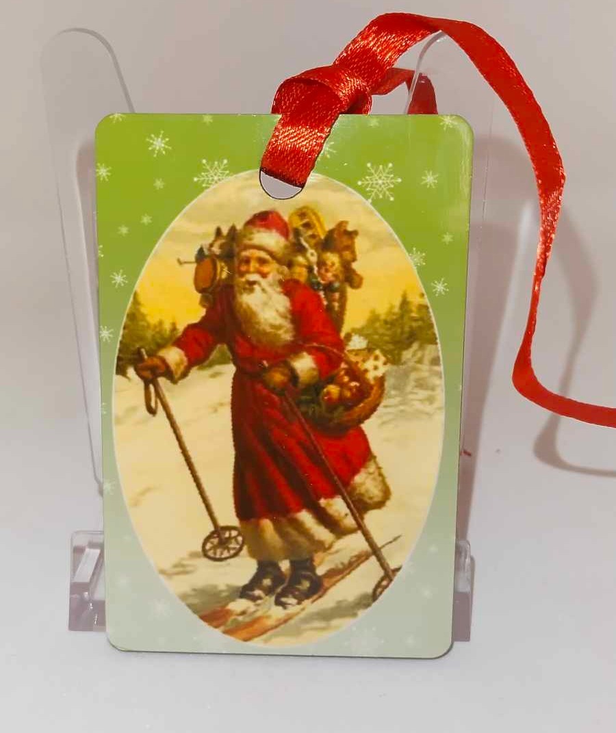 Décoration de sapin Rectangle motif Père Noël Vintage 23 en MDF réalisée artisanalement
