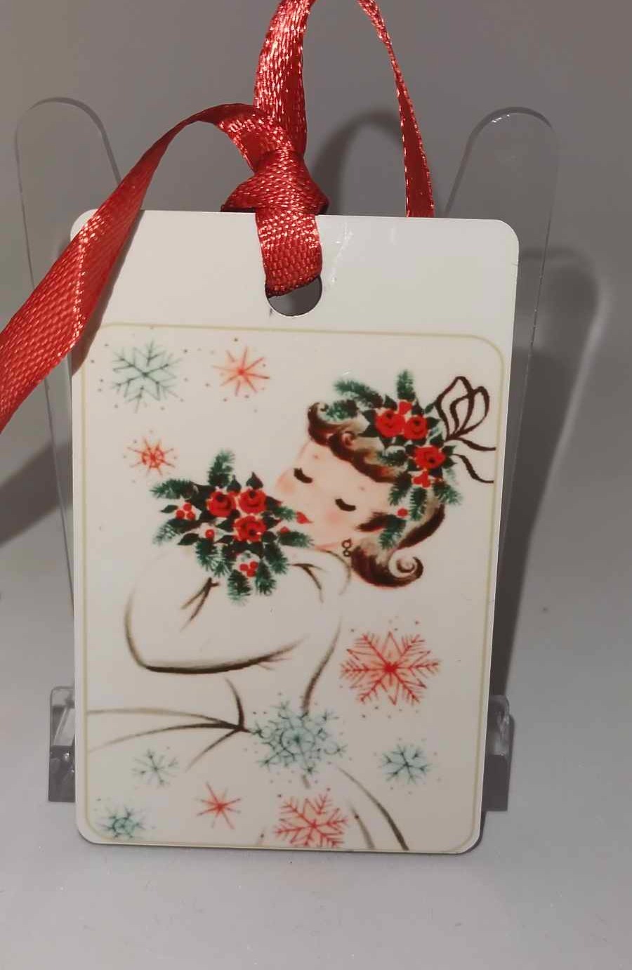 Décoration de sapin Rectangle motif Noël fille pinup rétro 1 en MDF réalisée artisanalement