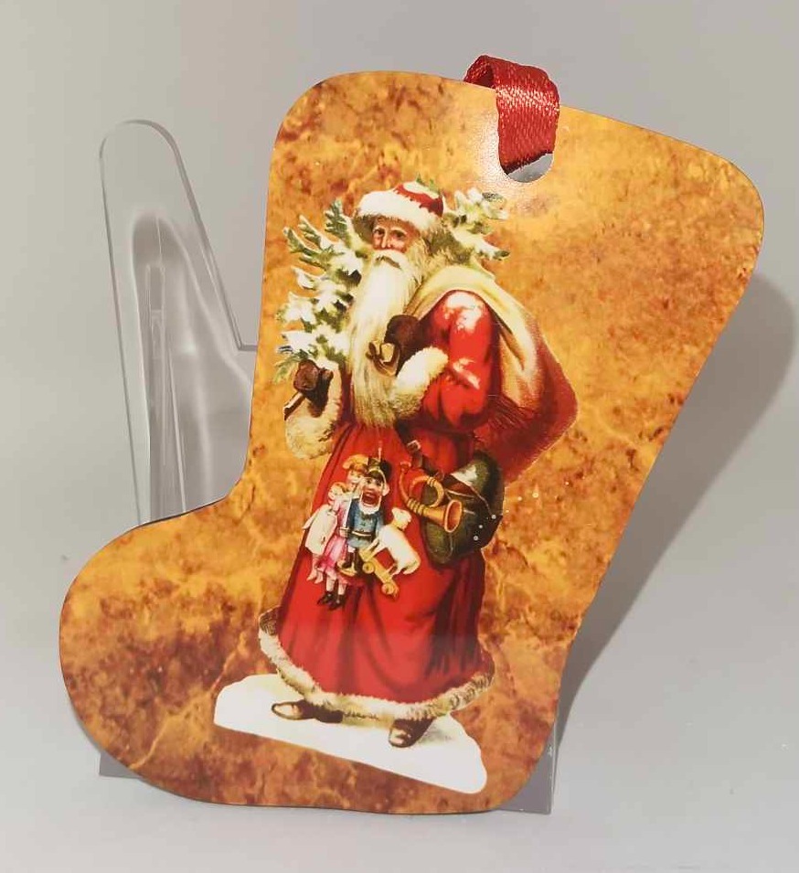 Décoration de sapin forme de botte motif Noël rétro vintage 3 en MDF réalisée artisanalement