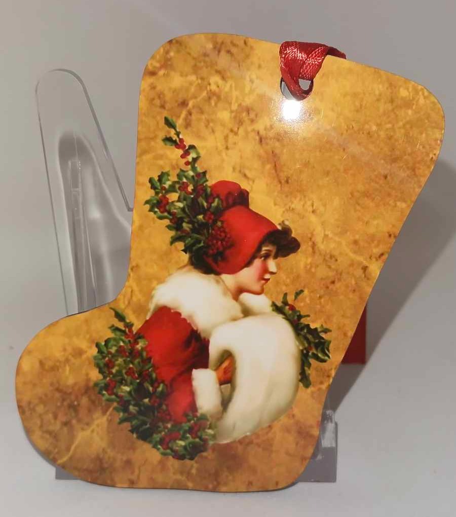 Décoration de sapin forme de botte motif Noël rétro vintage 4 en MDF réalisée artisanalement