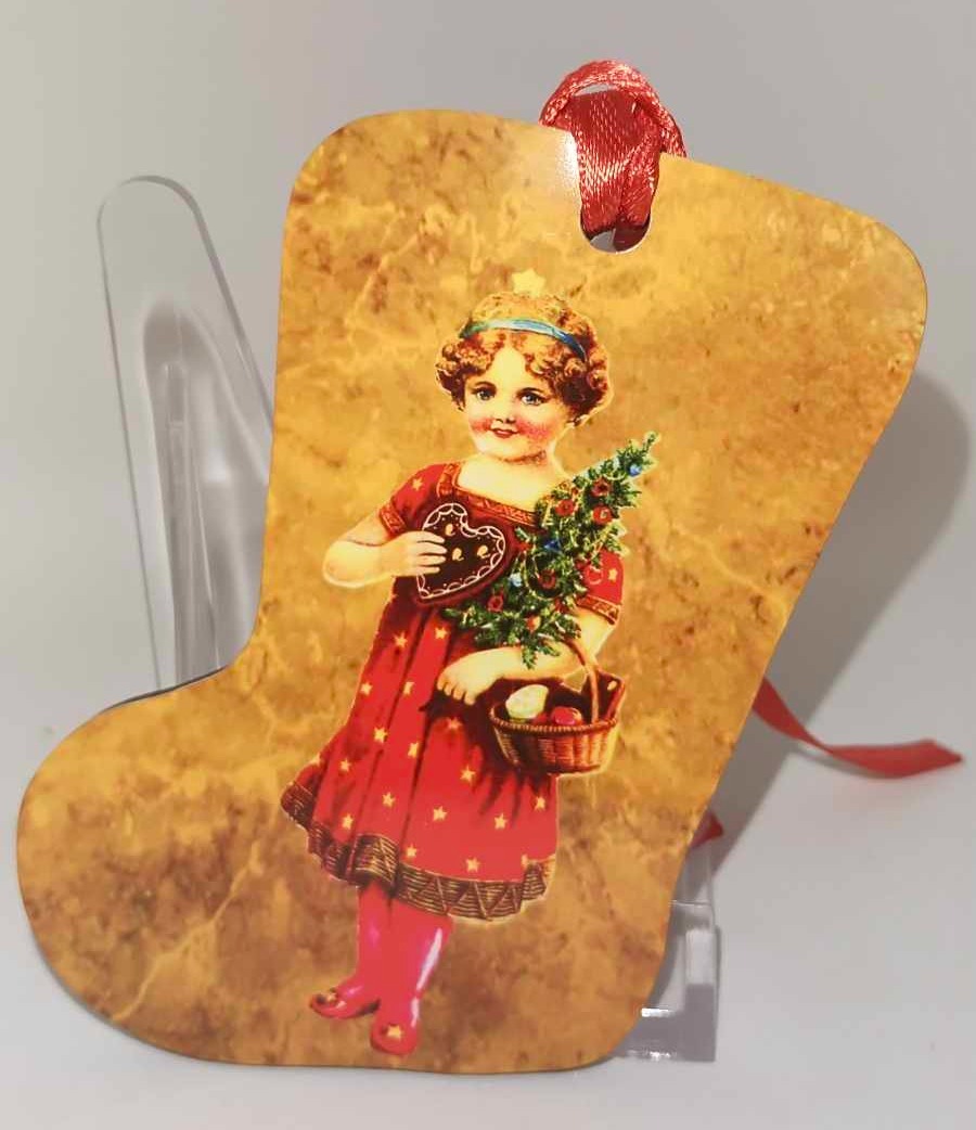 Décoration de sapin forme de botte motif Noël rétro vintage 7 en MDF réalisée artisanalement