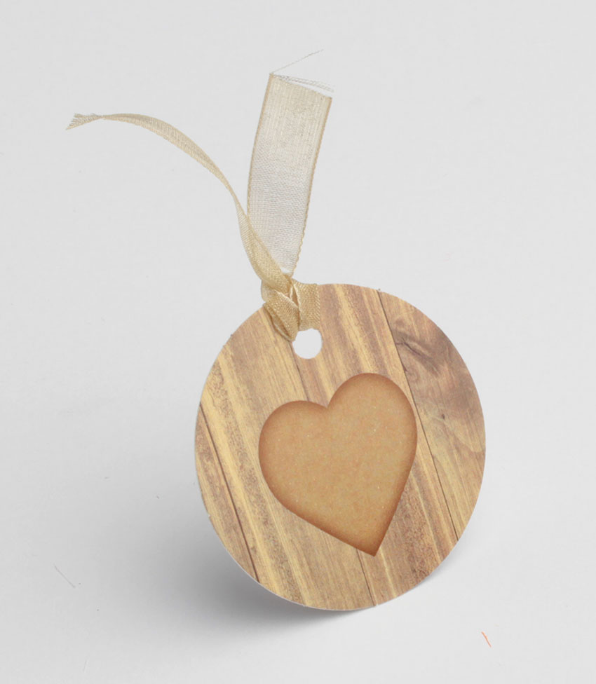Lot de 12 étiquettes Forme ronde coeur bois pour boîtes à dragées sans ruban