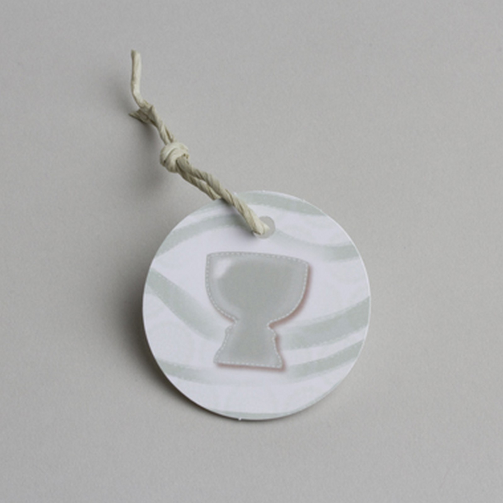 Lot de 12 étiquettes Forme ronde calice gris vert communion pour boîtes à dragées sans ruban