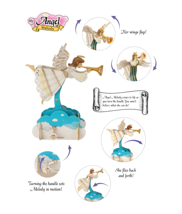 DIY Ilo Build 3D Mécanique Modèle en Bois Construction Angel Melody – Puzzle Maquette Musicale 26.5 × 21.5 × 31 cm