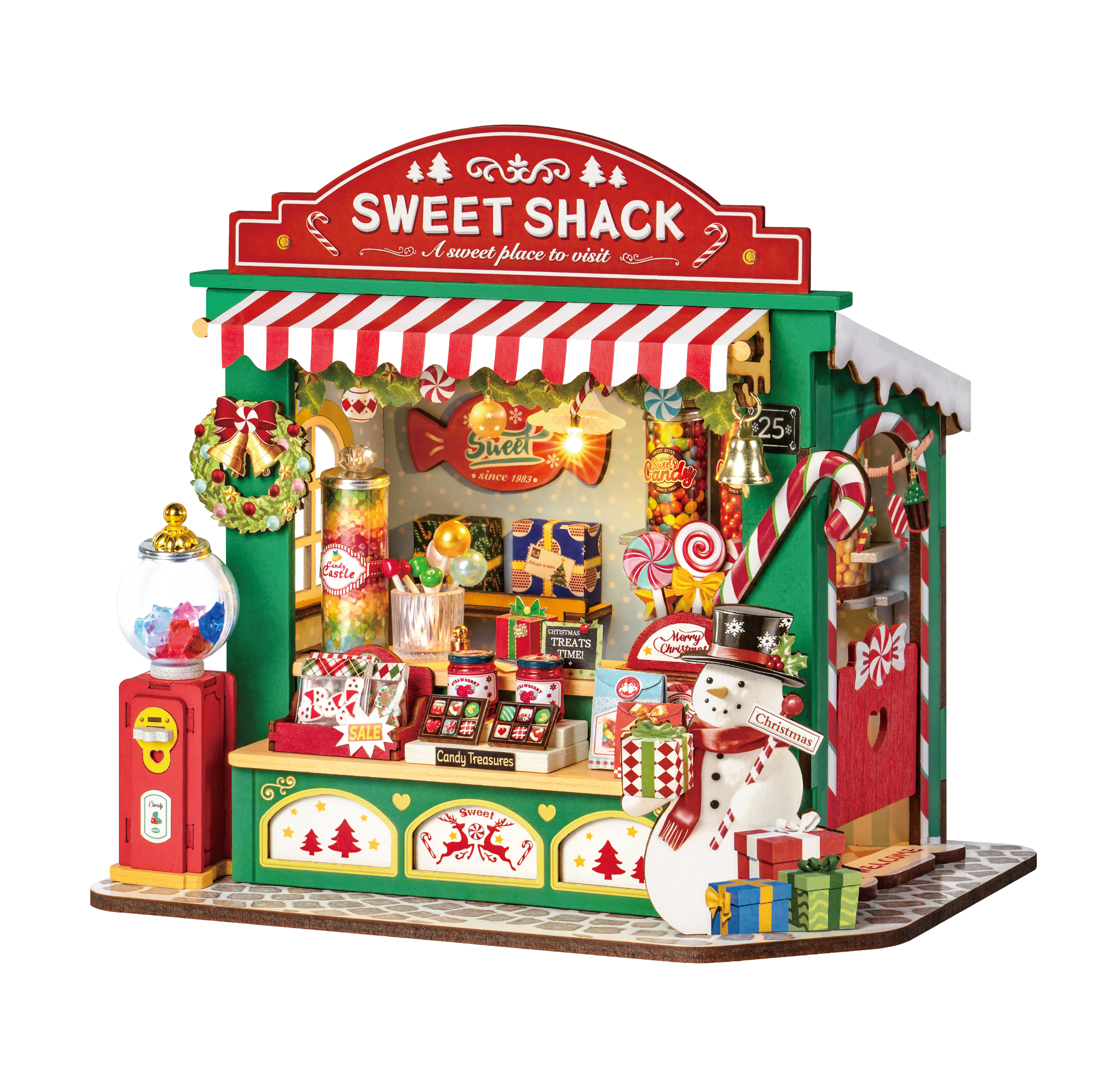 Étal de bonbons de Noël en bois Robotime DS043 sur fond blanc