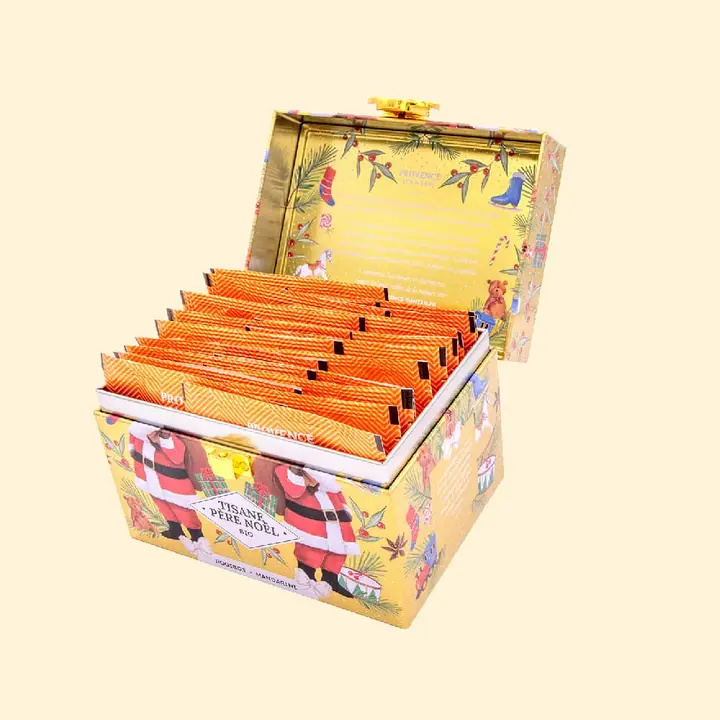 Boîte métal de la tisane Père Noël vue de côté