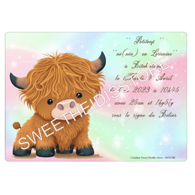 Plaque en métal personnalisée pour naissance modèle vache Highland 1