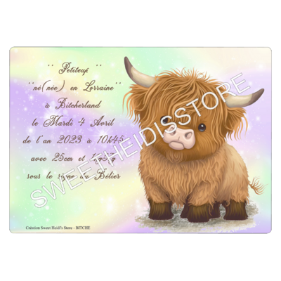 Plaque en métal personnalisée pour naissance modèle vache Highland 2