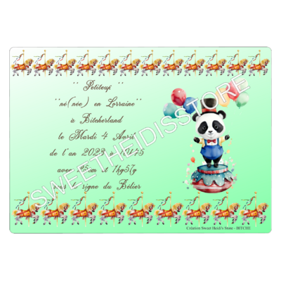 Plaque en métal personnalisée pour naissance modèle Panda circus