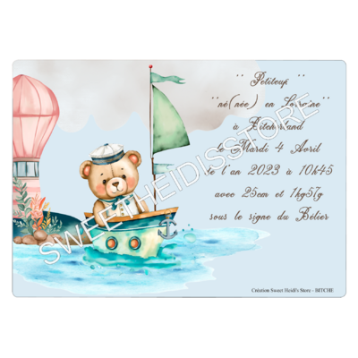 Plaque en métal personnalisée pour naissance modèle Ourson marin