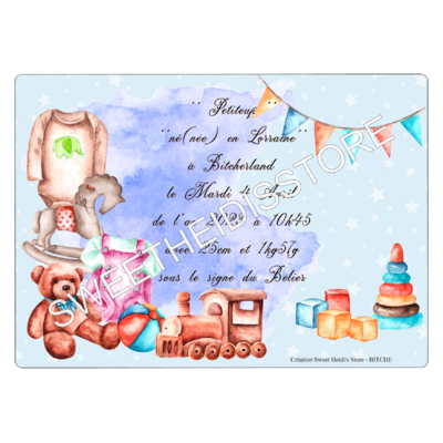 Plaque en métal personnalisée pour naissance modèle Jouets garçon