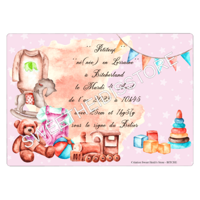 Plaque en métal personnalisée pour naissance modèle Jouets fille
