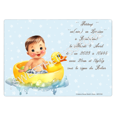 Plaque en métal personnalisée pour naissance modèle Bébé dans le bain garçon