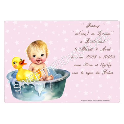 Plaque en métal personnalisée pour naissance modèle Bébé dans le bain fille