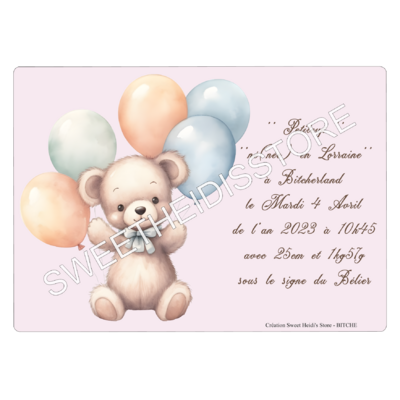 Plaque en métal personnalisée pour naissance modèle Ourson ballons