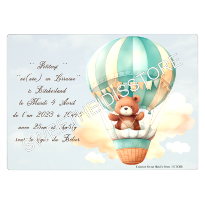 Plaque en métal personnalisée pour naissance modèle Ourson montgolfière