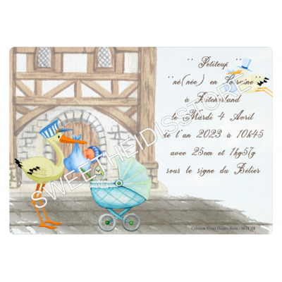 Plaque en métal personnalisée pour naissance modèle Cigogne garçon