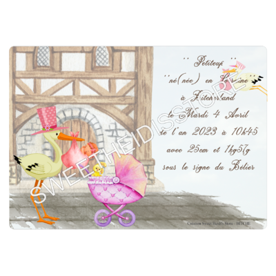 Plaque en métal personnalisée pour naissance modèle Cigogne fille