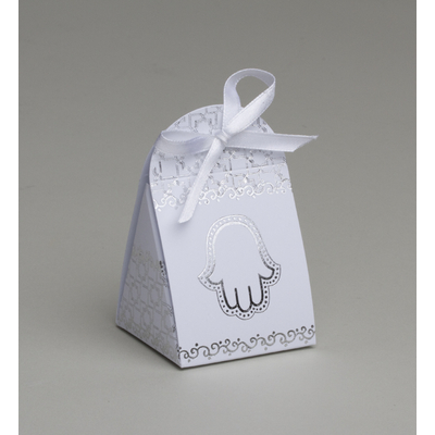 Lot de 7 boites à dragées Forme Iris thème main de Fatma blanc argent